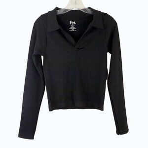 NWT Full Circle Trends JUNIORS Black Ribbed Long Sleeve Polo Shirt CHOOSE SIZE